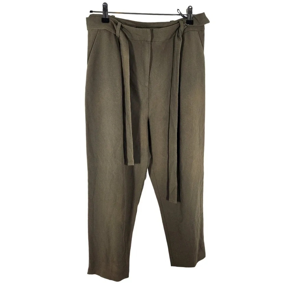 TOPSHOP Womens Army‎ Green Cropped Belted Trouser Pants with Pockets Size 8